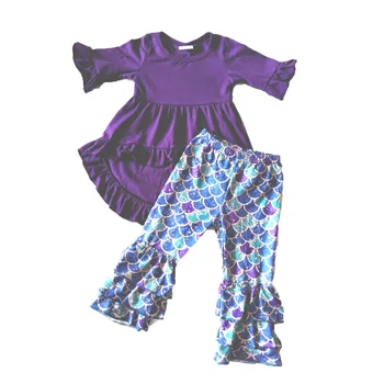 Vaikai kietas tunika viršuje ir bell kelnės 2 vienetų komplektas baby girl violetinė viršų apranga rudenį mados apranga