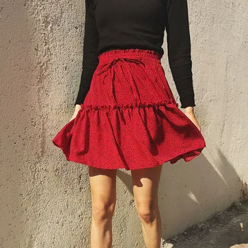 Stereoskopinis Polka Dot Pynimas Vasaros Rožinės Spalvos Sijonas Moterims Linija, Aukštos Juosmens Klostuotas Sijonas Moterims Šifono Paplūdimio Sijonas Femme Mini Sijonas