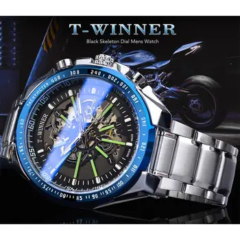 Nugalėtojas Mėlyna Šviesa Stiklo Automatinis Laikrodis, Juoda, Sidabro, Nerūdijančio Plieno, Atsparus Vandeniui Šviesos Ranka Mechaninis Laikrodis Skeleton Laikrodis