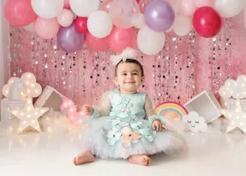 Pyragas Sutriuškinti 1-ojo Gimtadienio Fotografijos Fonas Mergaitėms, Rausvos spalvos, Blizgučiai Šalis Fone Dekoro Mažoji Princesė Baby Shower Rekvizitai Džiaugtis
