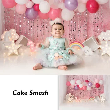 Pyragas Sutriuškinti 1-ojo Gimtadienio Fotografijos Fonas Mergaitėms, Rausvos spalvos, Blizgučiai Šalis Fone Dekoro Mažoji Princesė Baby Shower Rekvizitai Džiaugtis