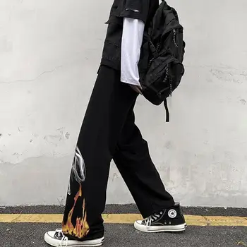 Už Derliaus Pločio Kojų Kelnės Rudens-Žiemos Mados Hip-Hop Harajuku Spausdinti Kelnės Atsitiktinis Palaidų Streetwear Juoda Korėjos Kelnės
