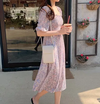 Gėlių Spausdinti Šifono Suknelės Moteris Mados Trumpas Rankovės Flhjlwoc Korėja, Japonija Stiliaus Stebėjimo Prairie Mielas Prašmatnus Violetinė Suknelė 7520