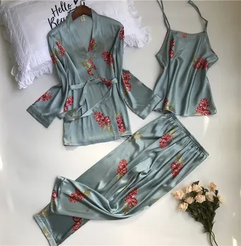 SAPJON 2019 Naujas 3 VNT Moterų Pižama Rinkinius, Kelnės Sexy Pyjama Satino Gėlių Spausdinti naktiniai drabužiai Šilko moteriškas chalatas Sleepwear Pyjama