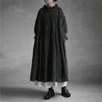 Johnature 2021 Naujo Derliaus Lino Raukiniai Siuvinėjimo Moterų Suknelė Rudens Žiemos Japonijos Vientisos Spalvos Moteriškos Suknelės