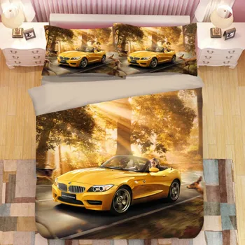 WOSTAR Karšto parduodu patalynės komplektas antklode padengti nustatyti ir užvalkalas Namų Tekstilės berniukai patalynės komplektas, 3d skaitmeninis spausdinimas geltonas Sportinis automobilis