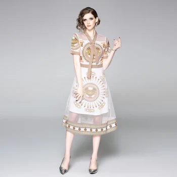 Vasaros naujo derliaus suknelės 50s 60s retro su rankovėmis, moteriški drabužiai trumpomis rankovėmis v-kaklo aukštos juosmens ilgai organza gazas suknelė