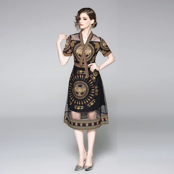 Vasaros naujo derliaus suknelės 50s 60s retro su rankovėmis, moteriški drabužiai trumpomis rankovėmis v-kaklo aukštos juosmens ilgai organza gazas suknelė