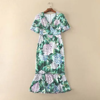 2019 Hydrangea spausdinti suknelė pusė V-Kaklo Vidurio Blauzdos Juosmens, Plonas Undinė Streetwear Naujas Vasaros mados dizaino suknelė moteriški drabužiai