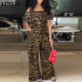 Off Peties Jumpsuit Moterų Leopardas Spausdinti Šalis Rompers VONDA 2021 Palaidi Kelnės Sexy Trumpas Rankovės Playsuits Pantalon Femme 5XL