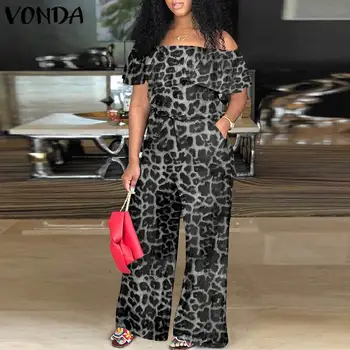 Off Peties Jumpsuit Moterų Leopardas Spausdinti Šalis Rompers VONDA 2021 Palaidi Kelnės Sexy Trumpas Rankovės Playsuits Pantalon Femme 5XL