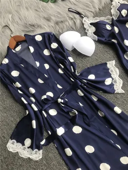 Sexy Nėrinių Suknelė Rinkiniai Moterų Apdaras Polka Dot Moterų Sleepwear Puikus Chalatas Moterims Jaukūs naktiniai drabužiai Šilko Satino Namų Drabužiai