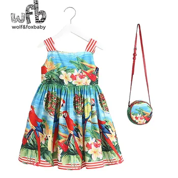 Mažmeninės prekybos 2-8 metų rankovių mergina atostogas pajūrio vėjo spausdinti suknelė + spalva vaikų vasaros krepšys