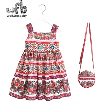 Mažmeninės prekybos 2-8 metų rankovių mergina atostogas pajūrio vėjo spausdinti suknelė + spalva vaikų vasaros krepšys