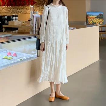 2020 M. Pavasarį Ilgai Suknelės Moterims Ilgomis Rankovėmis Atsitiktinis Palaidų Mielas Japonijos Korėja Stiliaus Dizainas Susiėmę Golfo Balta Suknelė 1703