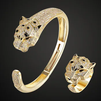 Prabangos Prekės Tigras bangle žiedas, papuošalų rinkiniai Mados Moterų, vyrų, Aukso spalvos bangle&žiedas kubinis cirkonis Vestuvių Aksesuaras žiedas 7 8 9