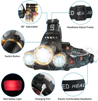 Ultra Ryškūs Žibintai 5000lumens T6 priekinis žibintas atsparus Vandeniui Zoomable Galvos Žibintuvėlis USB Įkraunamas Žibintuvėlis Žvejybos Lanterna