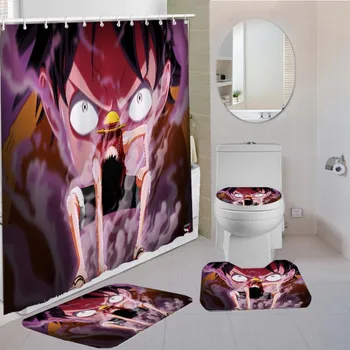 Anime One Piece Ne Slydimo Poliesteris Vonios Kilimėlio Rinkinį Vonios kambarys Dušo Užuolaidos Vandeniui Vonios Užuolaidų Komplektas Tualeto Dangčio Kilimėlis 4Pcs