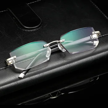Aukštos klasės vyriški deimantiniai pjovimo skaitymo akiniai frameless diamond apipjaustymas plius plėvelė palaipsniui pilkos spalvos puikūs akiniai, LXL