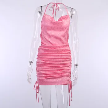 FASHSTREET 2020 Kieto Satino Gėlių Spausdinti Raišteliu Mini Suknelė Vasaros Moterų Nėriniai Apynasrio Ruched Dress Seksuali Šalies Streetwear