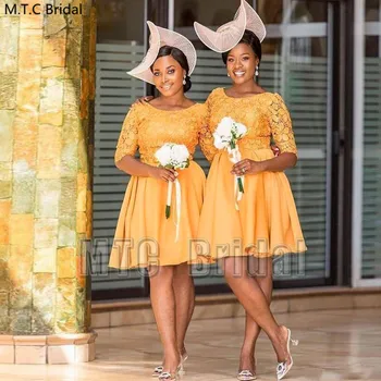 Geltonos Aukso Trumpas Afrikos Bridesmaid Dresses Pusė Rankovių Linija, Nėriniai Viršų Plus Size Black Moterų Vestuvės Dress Pigiai