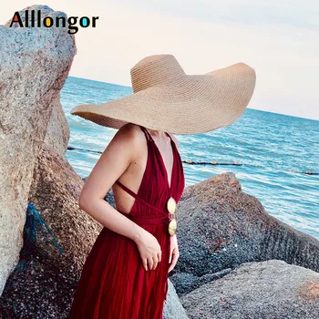 25CM Pločio Kraštų Šiaudų Skrybėlę Moterų Paplūdimys Skrybėlės Negabaritinių Mados Ponios Vasarą Naujų 2020 m. UV Apsauga, Sulankstomas Saulės Pavėsyje Bžūp Sunhat