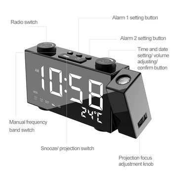 Skaitmeninis Laikrodis Dvigubas Žadintuvas Su Snaudimo Funkcija USB 4 Šviesumo Reguliavimas LED Laikrodis Projektorius 6 Colių FM Radijo Projekcija