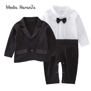 Kūdikių berniukų ponai vestuvių drabužiai tiktų juoda peteliškė visą rankovės romper+striukė, kostiumas šalis džentelmenas oficialus kostiumas