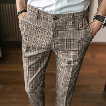 Nauji vyriški slim straight kostiumas kelnės, korėjiečių mados verslo atsitiktinis kelnės,asmeninį dryžuotas pledas spausdinti mados vyriškos kelnės