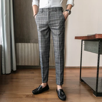 Nauji vyriški slim straight kostiumas kelnės, korėjiečių mados verslo atsitiktinis kelnės,asmeninį dryžuotas pledas spausdinti mados vyriškos kelnės