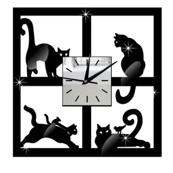 Mados Kūrybos Gyvūnų Modelio 3D Katė, Veidrodis, Juoda Modernaus Dizaino Sieninis Laikrodis Namų Dekoro Žiūrėti Siena Lipdukas m26 30+