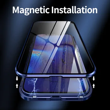 360 Visas Magnetinio Atveju iPhone 12 Pro MAX 12 Mini Prabanga Atveju Aliuminio Metalo Bamperis Dvipusis Grūdinto Stiklo Dangtis Coque