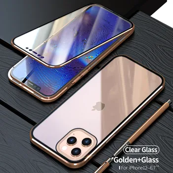 360 Visas Magnetinio Atveju iPhone 12 Pro MAX 12 Mini Prabanga Atveju Aliuminio Metalo Bamperis Dvipusis Grūdinto Stiklo Dangtis Coque