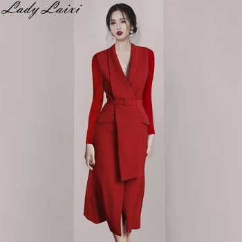 2020 m. Rudenį verslo Elegantiškas korėjos Office OLIS juostinės juosmens V-neck slim ilgomis rankovėmis Raudona suknelė vestidos