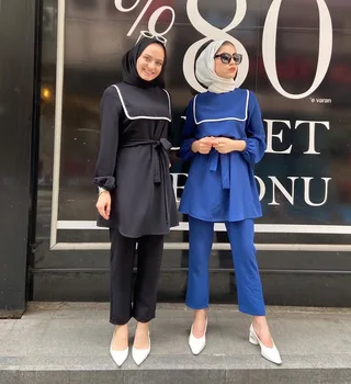 Wepbel Musulmonų Dviejų dalių Komplektas Arabų Musulmonų Long Sleeve Top + Kelnės 2 Gabalas Komplektai Moterų Artimųjų Rytų Mados Dubajus Drabužiai