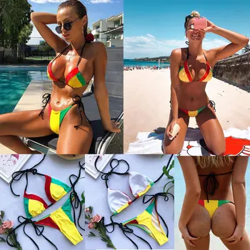 Naujas Rainbow Bikini Komplektas Moterys Spalvos siūlėmis Bikini maudymosi kostiumėlis Beach Biquini 2019 Tvarstį, Maudymosi Kostiumą, Trikampis Tankini
