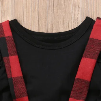 0-4Y Bamblys Vaikams Baby Girl Kalėdų Dovana Skristi Long Sleeve Black T-shirt Viršūnes+Raudonas Pledas Dirželis Suknelė 2VNT Mergaičių Drabužių Rinkinys
