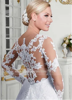 Patrauklios Tiulio Brangakmenis Iškirpte A-line Wedding Suknelė Su Nėrinių Appliques & Lentjuostės ilgomis Rankovėmis Brazilija Vestuvių Suknelė
