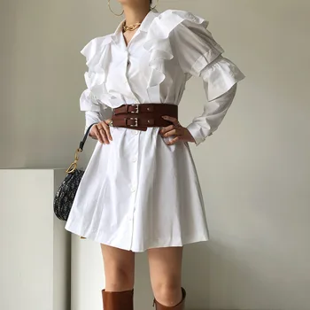 EWQ Marškinėliai Moteriški Balti Raukiniai Sukurta Elegantiška Visą Rankovės Atvartas Apykaklės Office Lady 2021 Nauja Pavasario Vasaros Mados Banga XA089