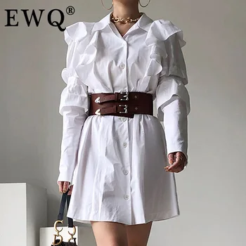 EWQ Marškinėliai Moteriški Balti Raukiniai Sukurta Elegantiška Visą Rankovės Atvartas Apykaklės Office Lady 2021 Nauja Pavasario Vasaros Mados Banga XA089