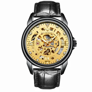 FNGEEN Prabangus Nerūdijančio Plieno Žiūrėti Vyrų Tuščiaviduriai Automatinis Mechaninis Laikrodis Vyrų Gold Crystal Vandeniui Laikrodis Mens Watches