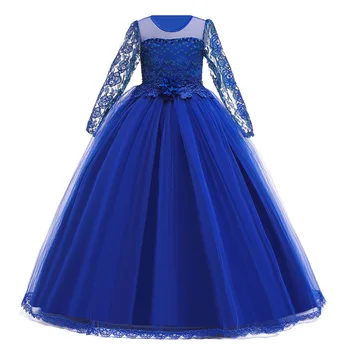 Na Dizainas Ballgown Royal Blue Oficialų Vaikai Dreses Vakare Šalies ilgomis Rankovėmis Nėrinių Pirmos Komunijos Suknelė
