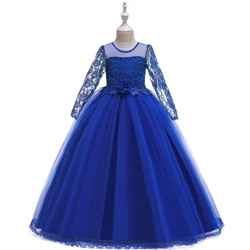 Na Dizainas Ballgown Royal Blue Oficialų Vaikai Dreses Vakare Šalies ilgomis Rankovėmis Nėrinių Pirmos Komunijos Suknelė