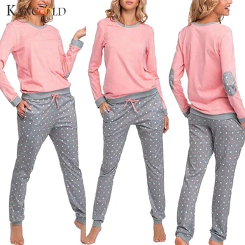 KANCOOLD Nustatyti moterų Dot Spausdinti Viršūnes Kelnės, Palaidinukė Pižama Atitikimo Rinkinys naktiniai drabužiai Sleepwear mados naujų moterys Nustatyti 2019FEB4