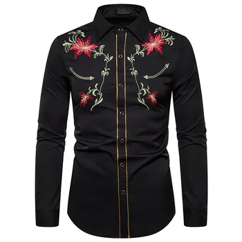 Vakarų Kaubojus Marškinėliai Vyrams 2021 Prekės Gėlių Siuvinėjimas Shirt Mens Ilgomis Rankovėmis Slim Fit Mygtuką Aukštyn Suknelė Marškiniai Vestuves Marškinėliai