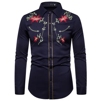 Vakarų Kaubojus Marškinėliai Vyrams 2021 Prekės Gėlių Siuvinėjimas Shirt Mens Ilgomis Rankovėmis Slim Fit Mygtuką Aukštyn Suknelė Marškiniai Vestuves Marškinėliai