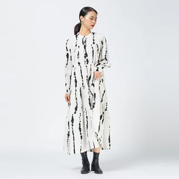 [EAM] Moterys Baltas Raukšlėtas Spausdinti Modelio Suknelė Naują Stovėti Apykakle ilgomis Rankovėmis Palaidi Tinka Mados Banga Pavasario Rudens 2021 1DD2996