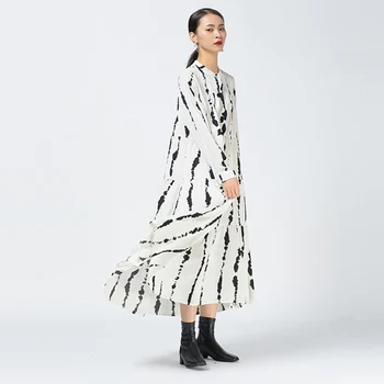 [EAM] Moterys Baltas Raukšlėtas Spausdinti Modelio Suknelė Naują Stovėti Apykakle ilgomis Rankovėmis Palaidi Tinka Mados Banga Pavasario Rudens 2021 1DD2996
