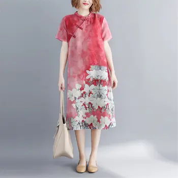 2020 metų Vasaros Naujasis Kinijos Suknelė Retro Sagtis Cheongsam Etninės Stiliaus Prarasti Trumpas rankovėmis Atspausdintas Medvilnės ir Lino Suknelė Rūbeliai K771