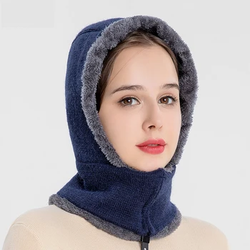 Žiemos Mergina Megzti Skrybėlę Vilnos Gaubtu Šilumos Veido gaubtas su Užtrauktuku Hat 
